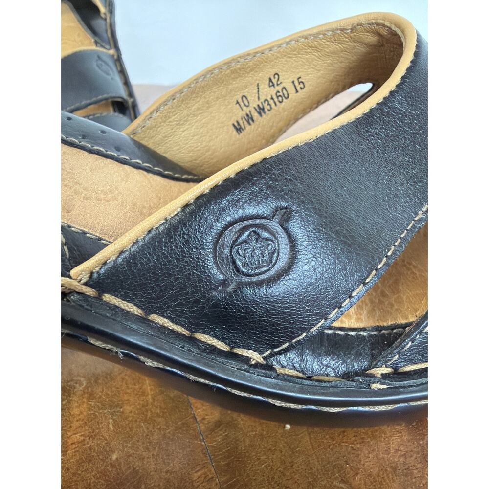 Born Black Leather Peep Toe Sandals Tan Piping Contrast Stitch Heel Size 10 - Picture 5 of 11